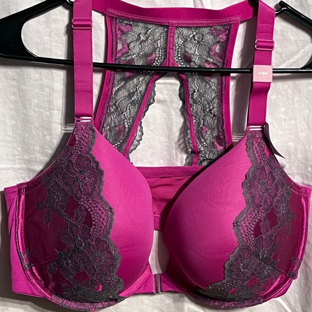 Cacique Fuchsia and Gray Lace Racerback Bra